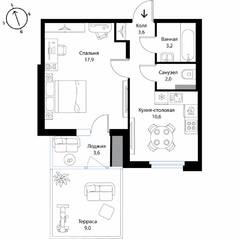 МЖК «Экография», планировка 1-комнатной квартиры, 41.80 м²