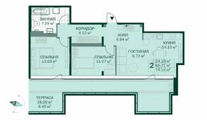 ЖК «Magnifika», планировка 2-комнатной квартиры, 73.50 м²