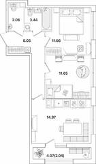 ЖК «Академик», планировка 2-комнатной квартиры, 53.87 м²