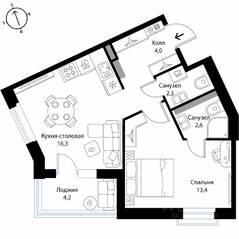 МЖК «Экография», планировка 1-комнатной квартиры, 40.70 м²