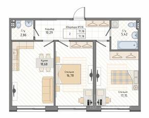 ЖК «Мануфактура James Beck», планировка 2-комнатной квартиры, 71.18 м²