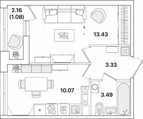 ЖК «Академик», планировка 1-комнатной квартиры, 31.40 м²