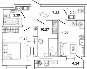 ЖК «Master Place», планировка 2-комнатной квартиры, 49.87 м²
