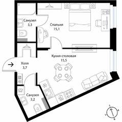 МЖК «Экография», планировка 1-комнатной квартиры, 40.80 м²
