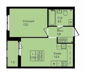 ЖК «Новая страница», планировка 1-комнатной квартиры, 37.30 м²