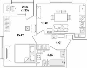 ЖК «Академик», планировка 1-комнатной квартиры, 38.39 м²