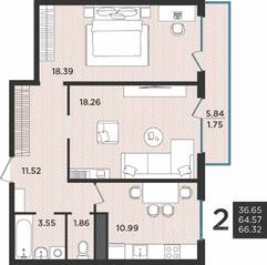 МЖК «Новокасимово», планировка 2-комнатной квартиры, 66.32 м²