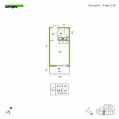 ЖК «Simple», планировка студии, 24.90 м²
