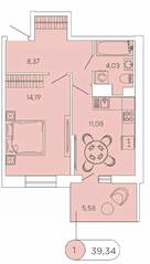 ЖК «Аквилон Stories», планировка 1-комнатной квартиры, 39.34 м²