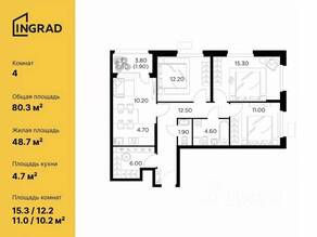 ЖК «Новое Медведково», планировка 4-комнатной квартиры, 80.30 м²