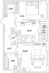 ЖК «Академик», планировка 2-комнатной квартиры, 62.77 м²