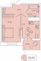 ЖК «Аквилон Stories», планировка 1-комнатной квартиры, 33.67 м²