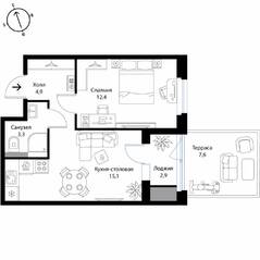 МЖК «Экография», планировка 1-комнатной квартиры, 39.50 м²