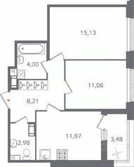 ЖК «Б15», планировка 2-комнатной квартиры, 54.99 м²