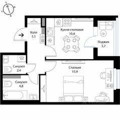 МЖК «Экография», планировка 1-комнатной квартиры, 40.50 м²