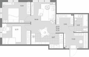 ЖК «Amo», планировка 2-комнатной квартиры, 72.21 м²