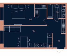ЖК «ERA», планировка 2-комнатной квартиры, 48.30 м²