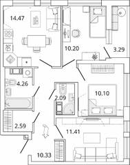ЖК «Master Place», планировка 3-комнатной квартиры, 67.10 м²