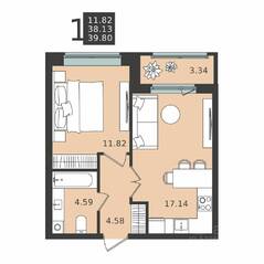 ЖК «Мишино-2», планировка 1-комнатной квартиры, 39.80 м²