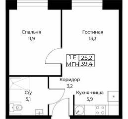 Апарт-комплекс «Aist Residence», планировка 1-комнатной квартиры, 39.40 м²