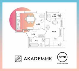 ЖК «Академик», планировка 1-комнатной квартиры, 39.01 м²