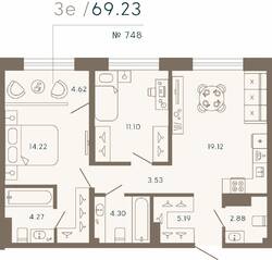 Апарт-комплекс «17/33 Петровский остров», планировка 2-комнатной квартиры, 69.23 м²