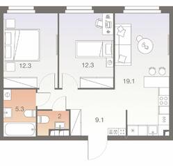 ЖК «Twelve», планировка 3-комнатной квартиры, 59.50 м²