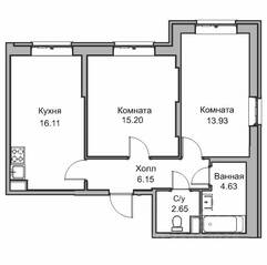 ЖК «Юнтолово», планировка 3-комнатной квартиры, 58.40 м²