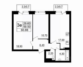 МЖК «Итальянский квартал», планировка 3-комнатной квартиры, 60.90 м²