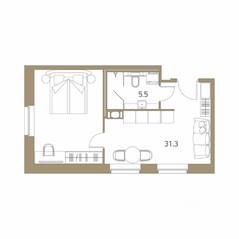 Апарт-комплекс «VIDI», планировка 2-комнатной квартиры, 36.80 м²