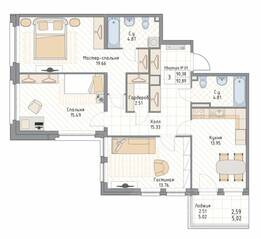 ЖК «Квадрия», планировка 3-комнатной квартиры, 92.89 м²