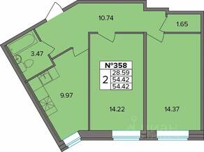 ЖК «Капральский», планировка 2-комнатной квартиры, 54.42 м²