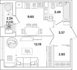 ЖК «Академик», планировка 1-комнатной квартиры, 33.67 м²