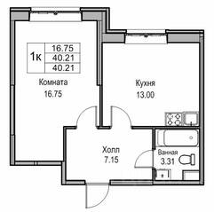 ЖК «Юнтолово», планировка 1-комнатной квартиры, 40.00 м²