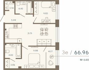 Апарт-комплекс «17/33 Петровский остров», планировка 2-комнатной квартиры, 66.96 м²