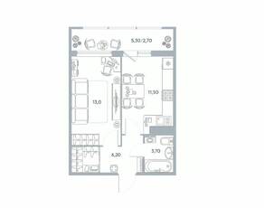 ЖК «Геометрия» (Кудрово), планировка 1-комнатной квартиры, 34.40 м²