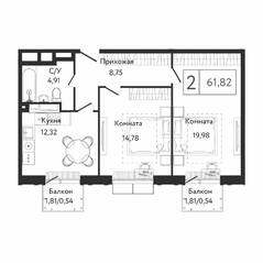 ЖК «Dream Towers», планировка 2-комнатной квартиры, 61.82 м²