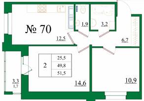ЖК «Орловский бульвар», планировка 2-комнатной квартиры, 51.50 м²