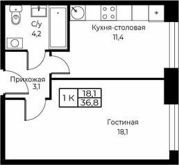 Апарт-комплекс «Aist Residence», планировка 1-комнатной квартиры, 36.80 м²