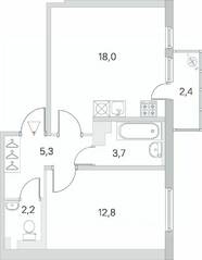 МЖК «Новое Сертолово», планировка 1-комнатной квартиры, 42.70 м²