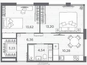ЖК «Plus Пулковский», планировка 2-комнатной квартиры, 51.23 м²