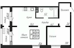 ЖК «Сибирь», планировка 2-комнатной квартиры, 63.30 м²
