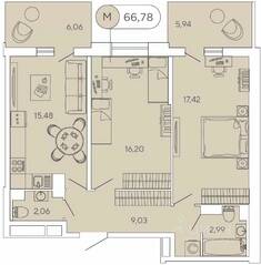 ЖК «Аквилон Stories», планировка 2-комнатной квартиры, 66.78 м²