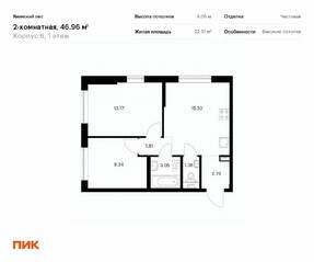 ЖК «Янинский лес», планировка 2-комнатной квартиры, 46.96 м²