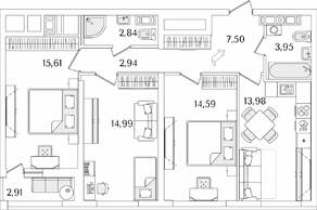 ЖК «Лайнеръ», планировка 3-комнатной квартиры, 77.86 м²