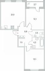 МЖК «Новое Сертолово», планировка 2-комнатной квартиры, 62.60 м²