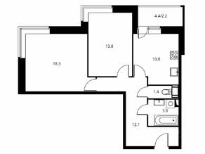 ЖК «Солнечный парк», планировка 2-комнатной квартиры, 62.39 м²