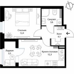 МЖК «Экография», планировка 1-комнатной квартиры, 34.20 м²