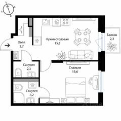 МЖК «Экография», планировка 1-комнатной квартиры, 38.80 м²