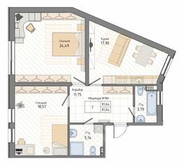 ЖК «Мануфактура James Beck», планировка 2-комнатной квартиры, 81.64 м²